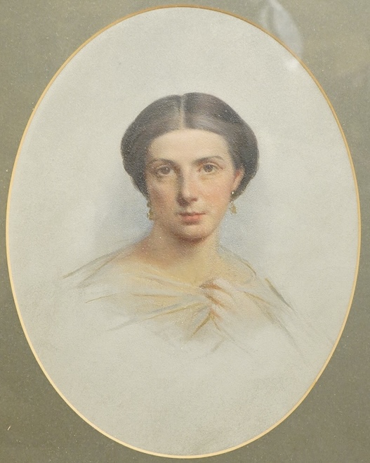 Mid Victorian School, Head and shoulders portrait of a lady, unsigned, oval pastel, 24 x 18cm